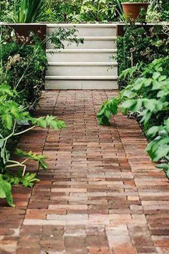 Path of Dorset Antique Dutch Clay Paving leads to stone steps between tall plants and raised beds. Design by Artisan Landscapes.