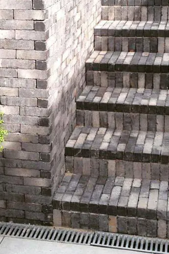 Shrub in planter sits next to 6 steps and flank wall of Silver Grey Multi Clay Pavers. Design by Andy Stedman.